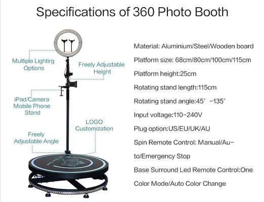 80 100 115 cm Câmera rotativa lenta para festas Cabine de fotos de 360 ​​graus Cabine de fotos Cabine automática de vídeo 360 giratórios